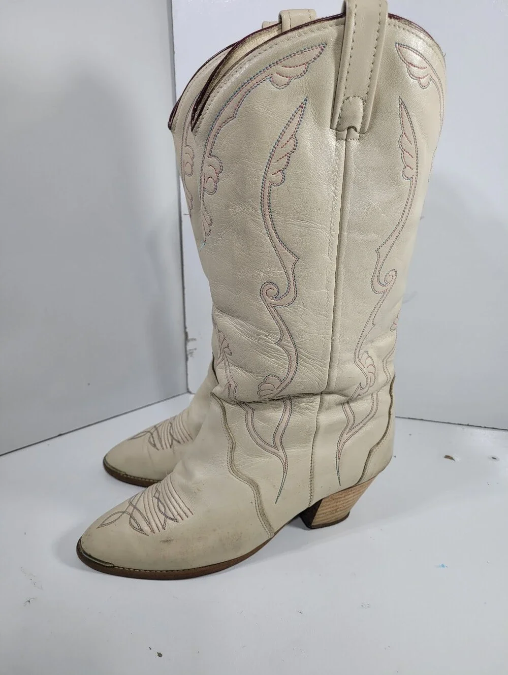 Vtg ACME Cream Leather Cowboy Boots Womens 7.5 M READ Disintegrating Lining